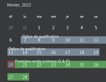 Calendrier Février 2022