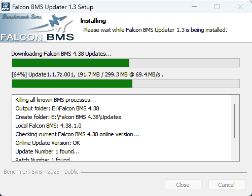 étape 4.01.17 - Installation en cours. Ne pas interrompre ce processus. Falcon BMS Updater 4.38.1.1