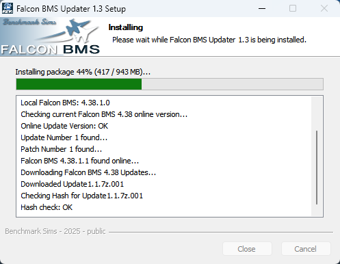 étape 4.01.18 - Installation du package en cours. Ne pas interrompre ce processus. Falcon BMS Updater 4.38.1.1
